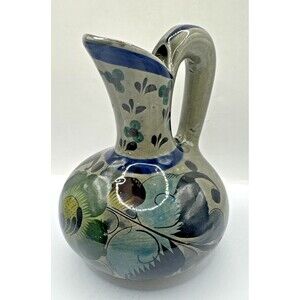Beautiful Vintage Tonala Mexican Pottery Hand Painted Pitcher Vase Jug